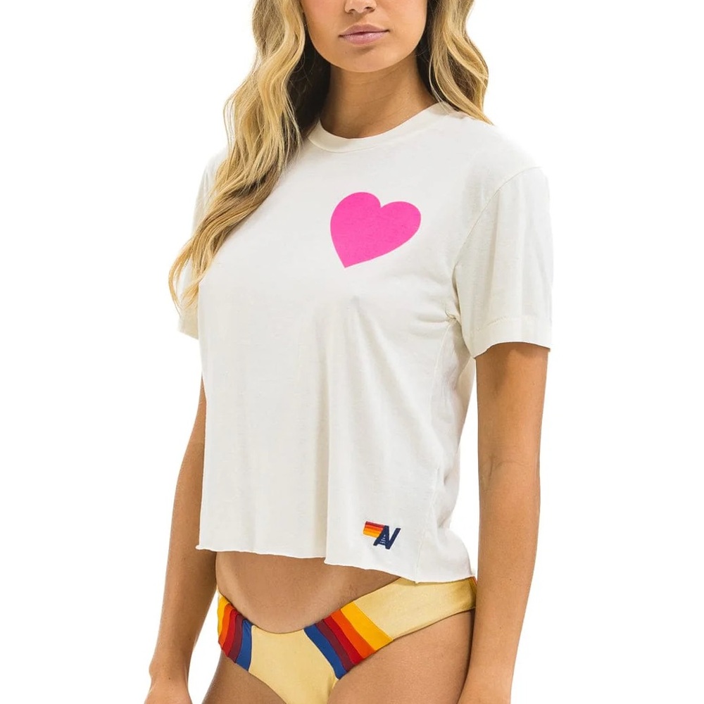 Aviator Nation NWT $89 HEART PRINT BOYFRIEND TEE - VINTAGE WHITE NEON PINK